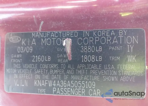 2010 Kia Forte Sx z USA, uszkodzony, nr VIN KNAFW4A36A5055109